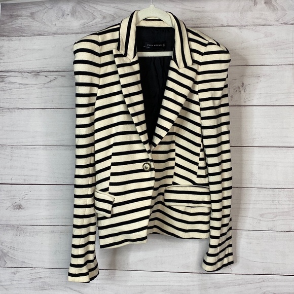 Zara Jackets & Blazers - Zara Woman White Black Striped Blazer Jacket S